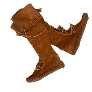 Fringed Suede Knee-High Boots - Tan